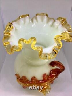 English Victorian Art-Glass Steven & William Vase. White, Amber applied Floral