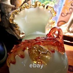 English Victorian Art-Glass Steven & William Vase. White, Amber applied Floral