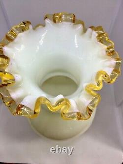 English Victorian Art-Glass Steven & William Vase. White, Amber applied Floral