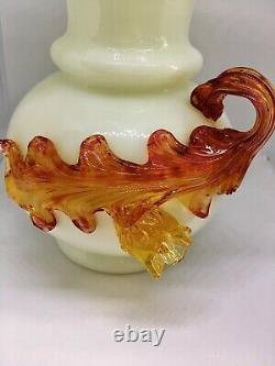 English Victorian Art-Glass Steven & William Vase. White, Amber applied Floral