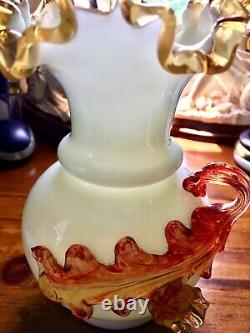 English Victorian Art-Glass Steven & William Vase. White, Amber applied Floral