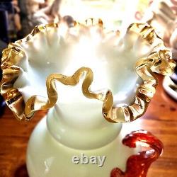 English Victorian Art-Glass Steven & William Vase. White, Amber applied Floral