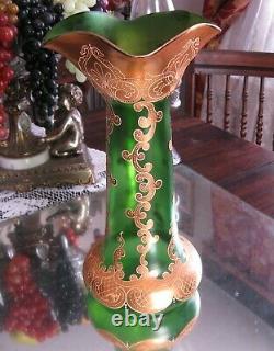 Exquisite! Antique Large Moser Hand Gilt Enamel Emerald Green Glass Vase