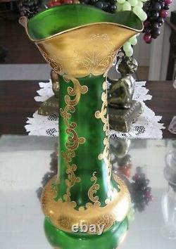 Exquisite! Antique Large Moser Hand Gilt Enamel Emerald Green Glass Vase