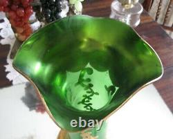 Exquisite! Antique Large Moser Hand Gilt Enamel Emerald Green Glass Vase