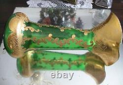 Exquisite! Antique Large Moser Hand Gilt Enamel Emerald Green Glass Vase