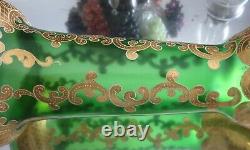 Exquisite! Antique Large Moser Hand Gilt Enamel Emerald Green Glass Vase