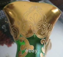 Exquisite! Antique Large Moser Hand Gilt Enamel Emerald Green Glass Vase