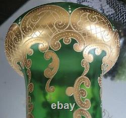 Exquisite! Antique Large Moser Hand Gilt Enamel Emerald Green Glass Vase