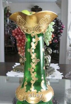 Exquisite! Antique Large Moser Hand Gilt Enamel Emerald Green Glass Vase