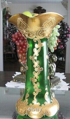 Exquisite! Antique Large Moser Hand Gilt Enamel Emerald Green Glass Vase