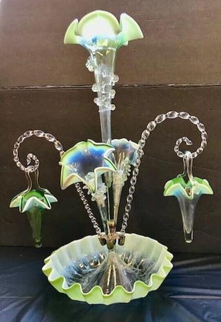 Exquisite Antique Victorian Opalescent White & Green 8 Pcs Art Glass Epergne Exc