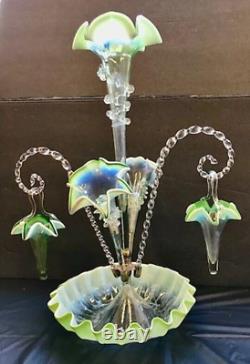 Exquisite Antique Victorian Opalescent White & Green 8 Pcs Art Glass Epergne Exc