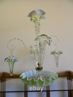 Exquisite Antique Victorian Opalescent White & Green 8 Pcs Art Glass Epergne Exc