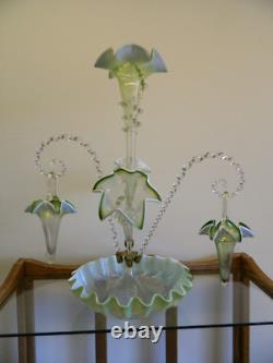 Exquisite Antique Victorian Opalescent White & Green 8 Pcs Art Glass Epergne Exc