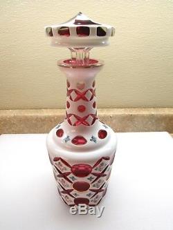 Exquisite Bohemian Overlay 12 Pink & White Cut Glass Decanter W Stopper Vgc
