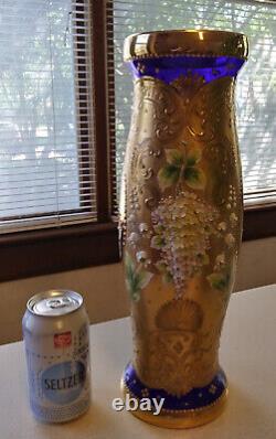 Exquisite Moser Glass Massive Cobalt Blue Vase Applied High Relief Flowers Gilt