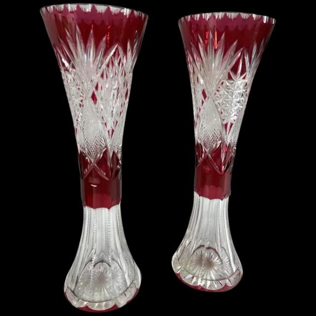 Exquisite Pair Vintage Bohemian Cut Crystal Vases (first Half Of 20th Century)