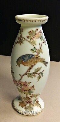 Exquisite Victorian Custard Glass Vase Hand Painted Gilt Bird Flowers Webb