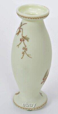 Exquisite Victorian Custard Glass Vase Hand Painted Gilt Bird Flowers Webb