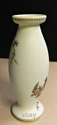 Exquisite Victorian Custard Glass Vase Hand Painted Gilt Bird Flowers Webb