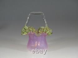 Exquisite Victorian Pink Opalescent Basket Green Trim & Crystal Handle c. 1890
