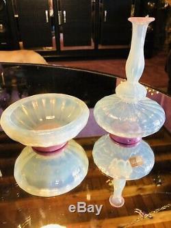 Exquisite Victorian Venetian Murano Seguso Opaline Opalescent Bottle & Bowl Set