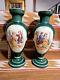 Fantastic Pair Of 15.5 Bristol Glass Victorian Scene Hand Pntd Clambroth Vases