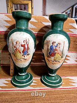 FANTASTIC PAIR of 15.5 BRISTOL GLASS VICTORIAN SCENE Hand Pntd CLAMBROTH VASES