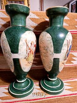 FANTASTIC PAIR of 15.5 BRISTOL GLASS VICTORIAN SCENE Hand Pntd CLAMBROTH VASES