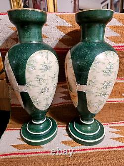 FANTASTIC PAIR of 15.5 BRISTOL GLASS VICTORIAN SCENE Hand Pntd CLAMBROTH VASES