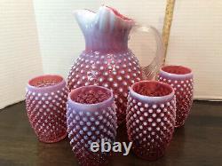 FENTON ART GLASS CRANBERRY OPALESCENT HOBNAIL ICE LIP PITCHER With 4 Tumblers
