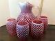 Fenton Art Glass Cranberry Opalescent Hobnail Ice Lip Pitcher With 4 Tumblers