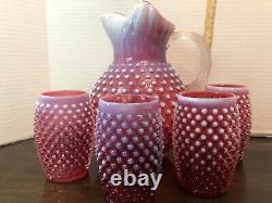 FENTON ART GLASS CRANBERRY OPALESCENT HOBNAIL ICE LIP PITCHER With 4 Tumblers