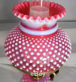 FENTON Cranberry Opalescent Hobnail Art Glass Font Student Table Lamp Orig Label