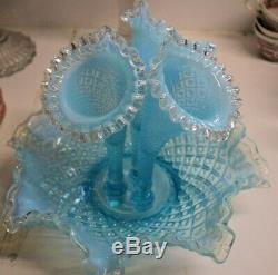 FENTON DIAMOND LACE Blue OPALESCENT 3 HORN EPERGNE 11 1/2 EXC
