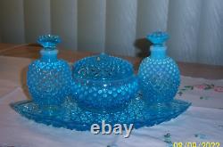 FENTON HOBNAIL BLUE OPALESCENT VANITY SET PRISTINE COND c. 1940's FREE SHIP