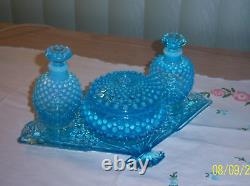 FENTON HOBNAIL BLUE OPALESCENT VANITY SET PRISTINE COND c. 1940's FREE SHIP