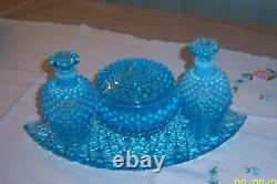 FENTON HOBNAIL BLUE OPALESCENT VANITY SET PRISTINE COND c. 1940's FREE SHIP