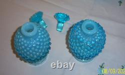 FENTON HOBNAIL BLUE OPALESCENT VANITY SET PRISTINE COND c. 1940's FREE SHIP