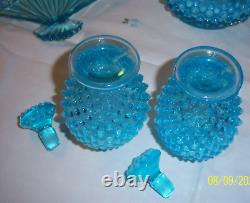 FENTON HOBNAIL BLUE OPALESCENT VANITY SET PRISTINE COND c. 1940's FREE SHIP