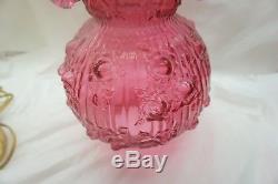 FENTON LAMP CRANBERRY GONE WITH THE WIND CABBAGE ROSE EMBOSSED GLASS 23in H d
