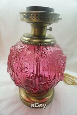 FENTON LAMP CRANBERRY GONE WITH THE WIND CABBAGE ROSE EMBOSSED GLASS 23in H d