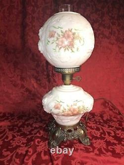 FENTON LAMP GONE With The WIND GWTW MILK GLASS LAMP ROSES, HAND PAINTED FLOWERS