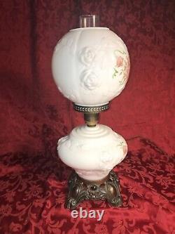 FENTON LAMP GONE With The WIND GWTW MILK GLASS LAMP ROSES, HAND PAINTED FLOWERS