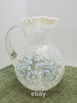 FENTON White Opalescent Daisy & Fern Pitcher 9