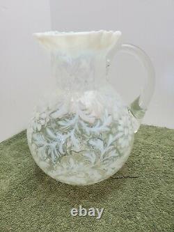 FENTON White Opalescent Daisy & Fern Pitcher 9