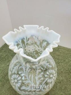 FENTON White Opalescent Daisy & Fern Pitcher 9