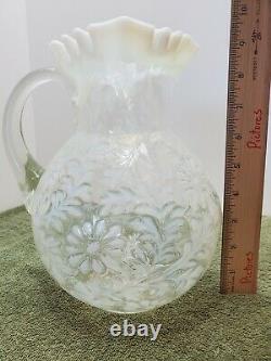 FENTON White Opalescent Daisy & Fern Pitcher 9