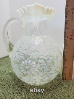 FENTON White Opalescent Daisy & Fern Pitcher 9